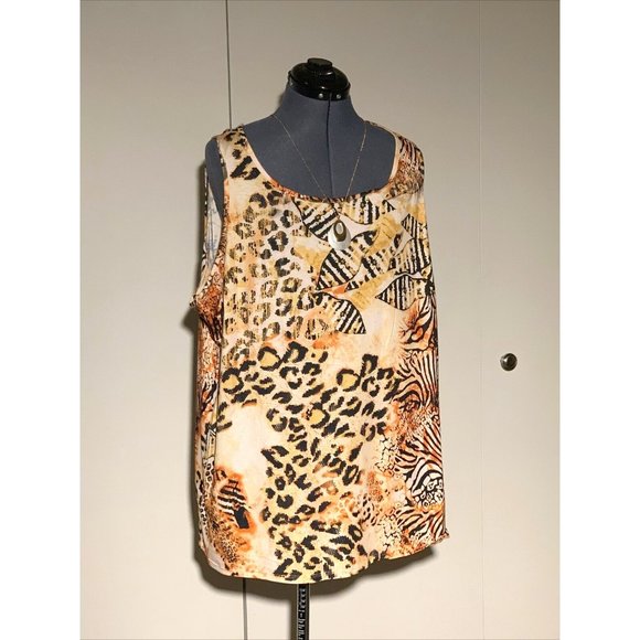 One World Colorful Sleeveless Tank Top Leopard Multi Print + Necklace 3X NWOT - Picture 1 of 6